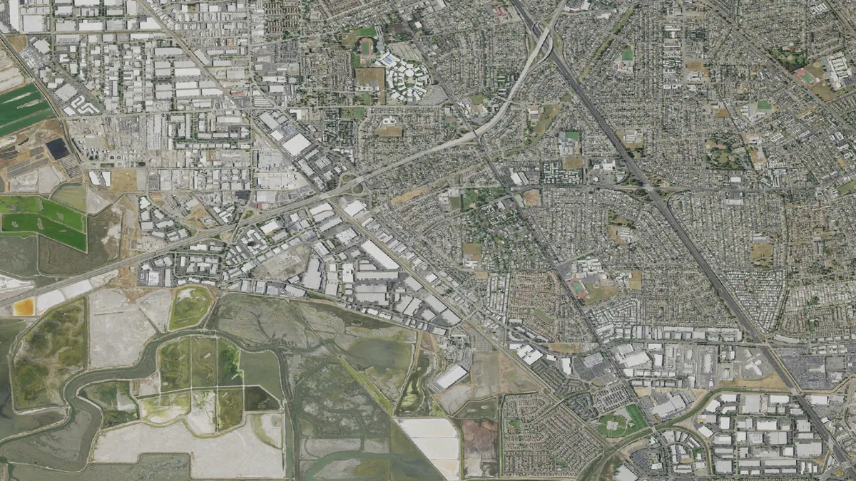 Aerial view centered on Hayward, California