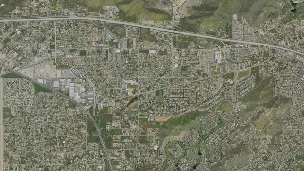 Aerial view centered on Jurupa Valley, California