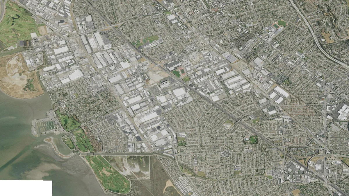Aerial view centered on San Leandro, California